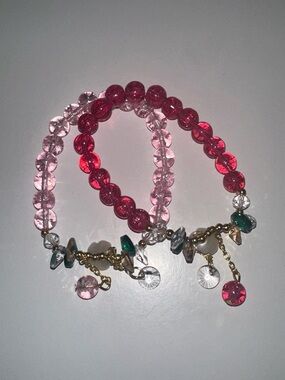 Pink and Fuchsia Beaded Charm Stretch Bracelet Sparkle Classy Wristband Set of 2
